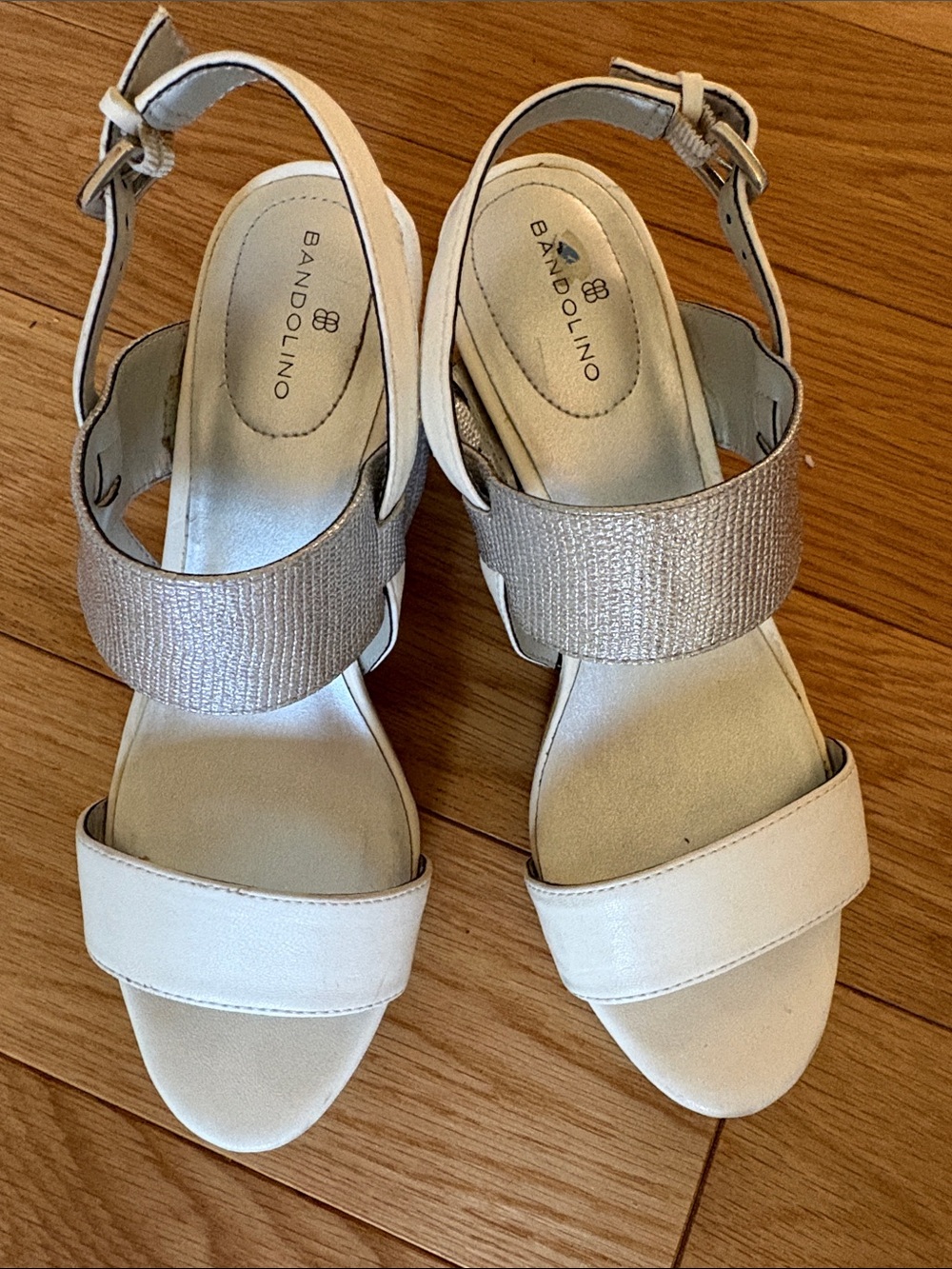Bandolino White and Silver Strap Sandals / Wedges -Size 6.5
